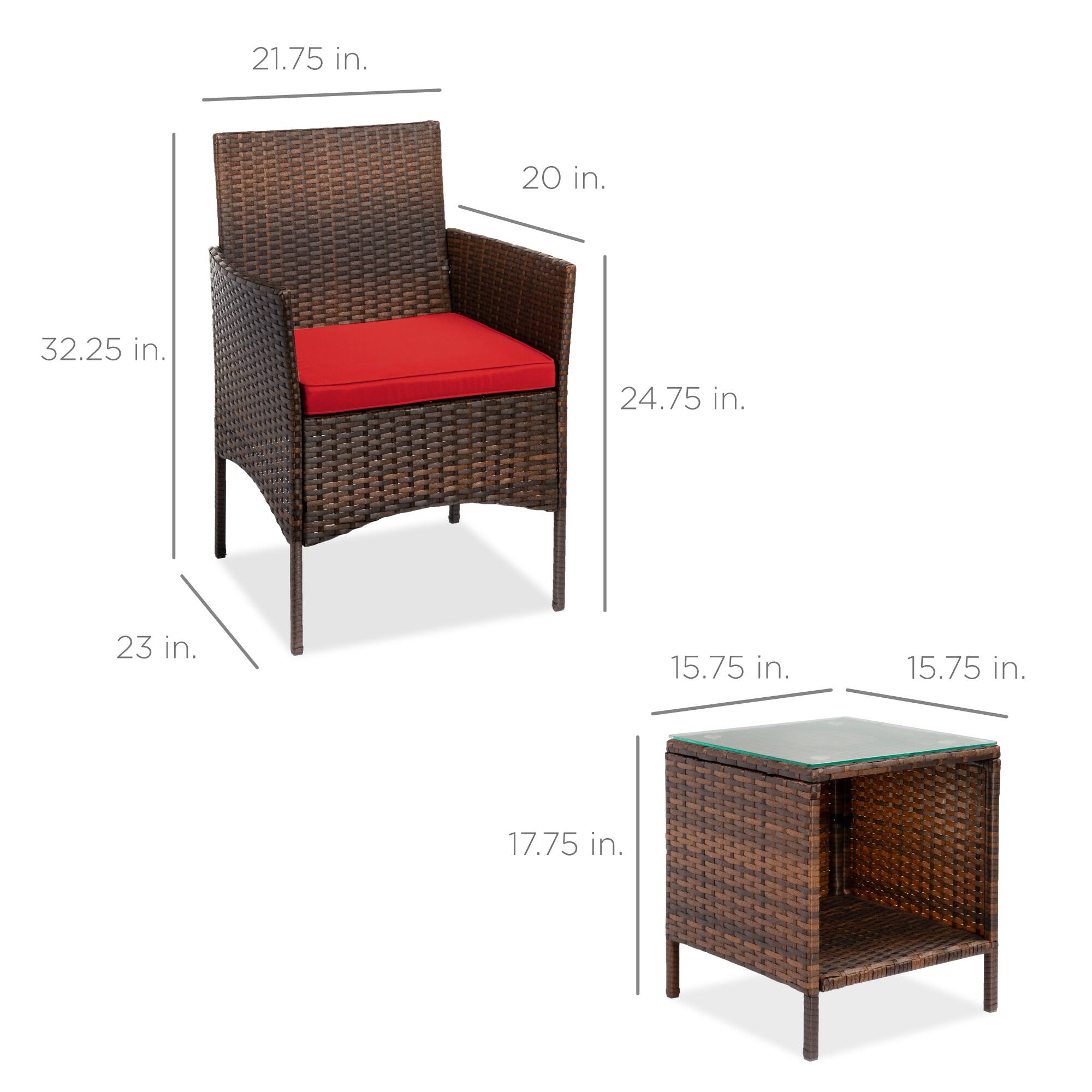 - Chair:
  - Height: 32.25 in.
  - Width: 21.75 in.
  - Depth: 24.75 in.
  - Seat Height: 17.75 in.
  - Seat Depth: 20 in.
  - Armrest Height: 23 in.

- Table:
  - Height: 15.75 in.
  - Width: 15.75 in.