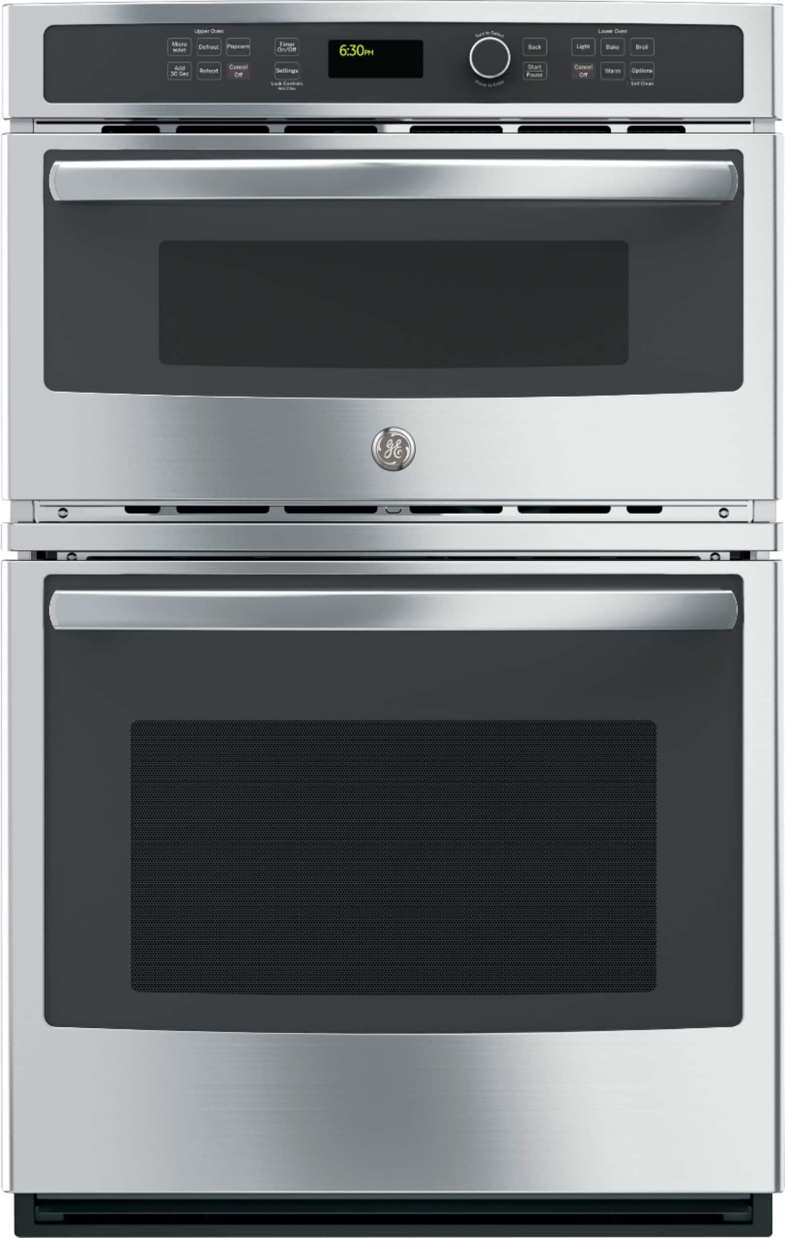 Front. GE - 27" Single Electric Wall Oven with Built-In Microwave - Stainless Steel.