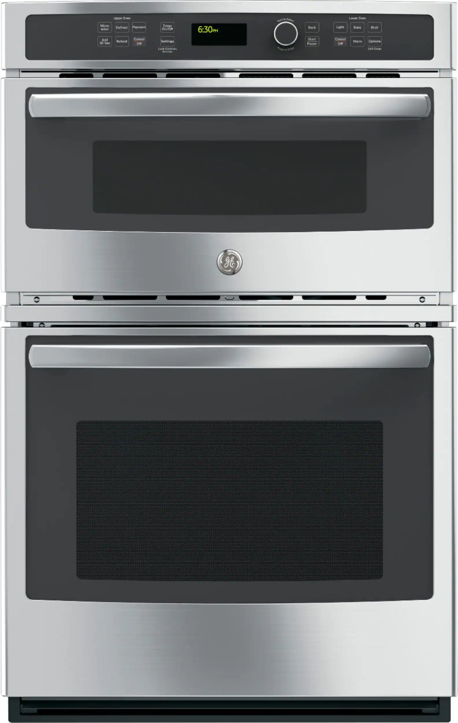 Front. GE - 27" Single Electric Wall Oven with Built-In Microwave - Stainless Steel.