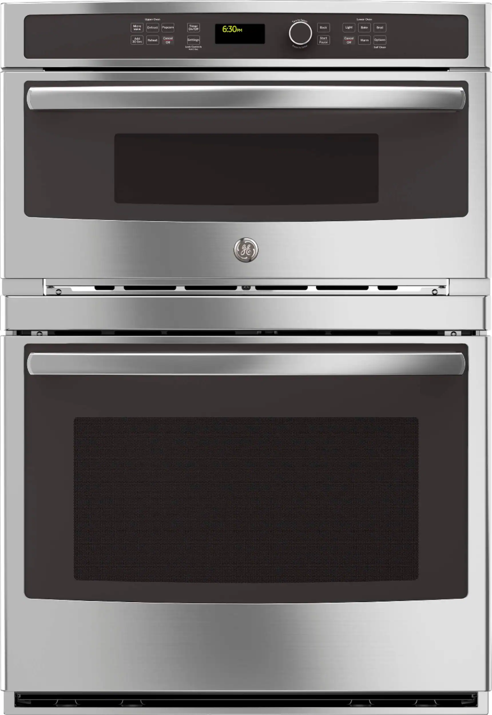 Front. GE - 30" Single Electric Wall Oven with Built-In Microwave - Stainless Steel.