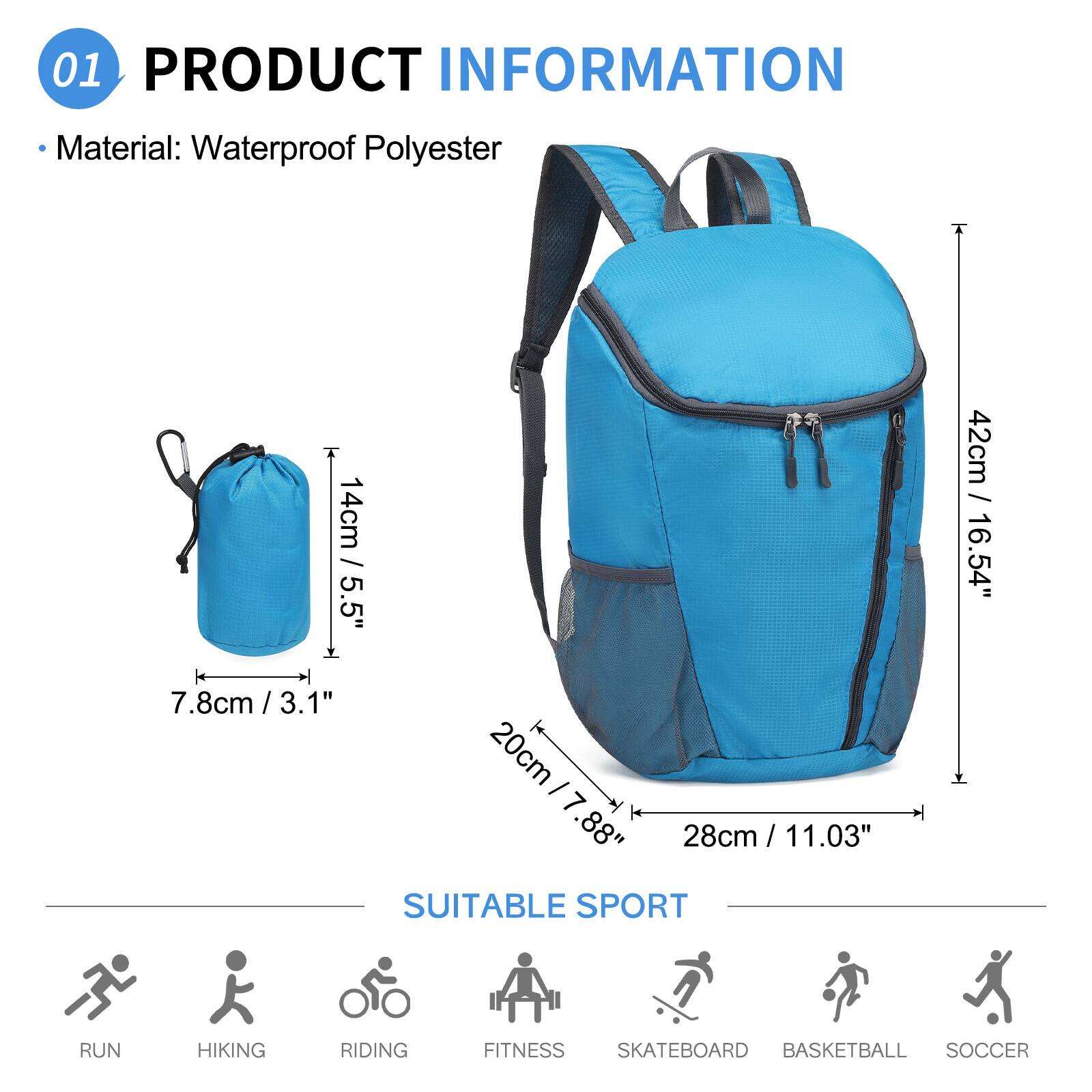 01 PRODUCT INFORMATION  
Material: Waterproof Polyester  

- 14cm / 5.5"  
- 42cm / 16.54"  
- 7.8cm / 3.1"  
- 20cm / 7.88"  
- 28cm / 11.03"  

SUITABLE SPORT  
- RUN  
- HIKING  
- RIDING  
- FITNESS  
- SKATEBOARD  
- BASKETBALL  
- SOCCER