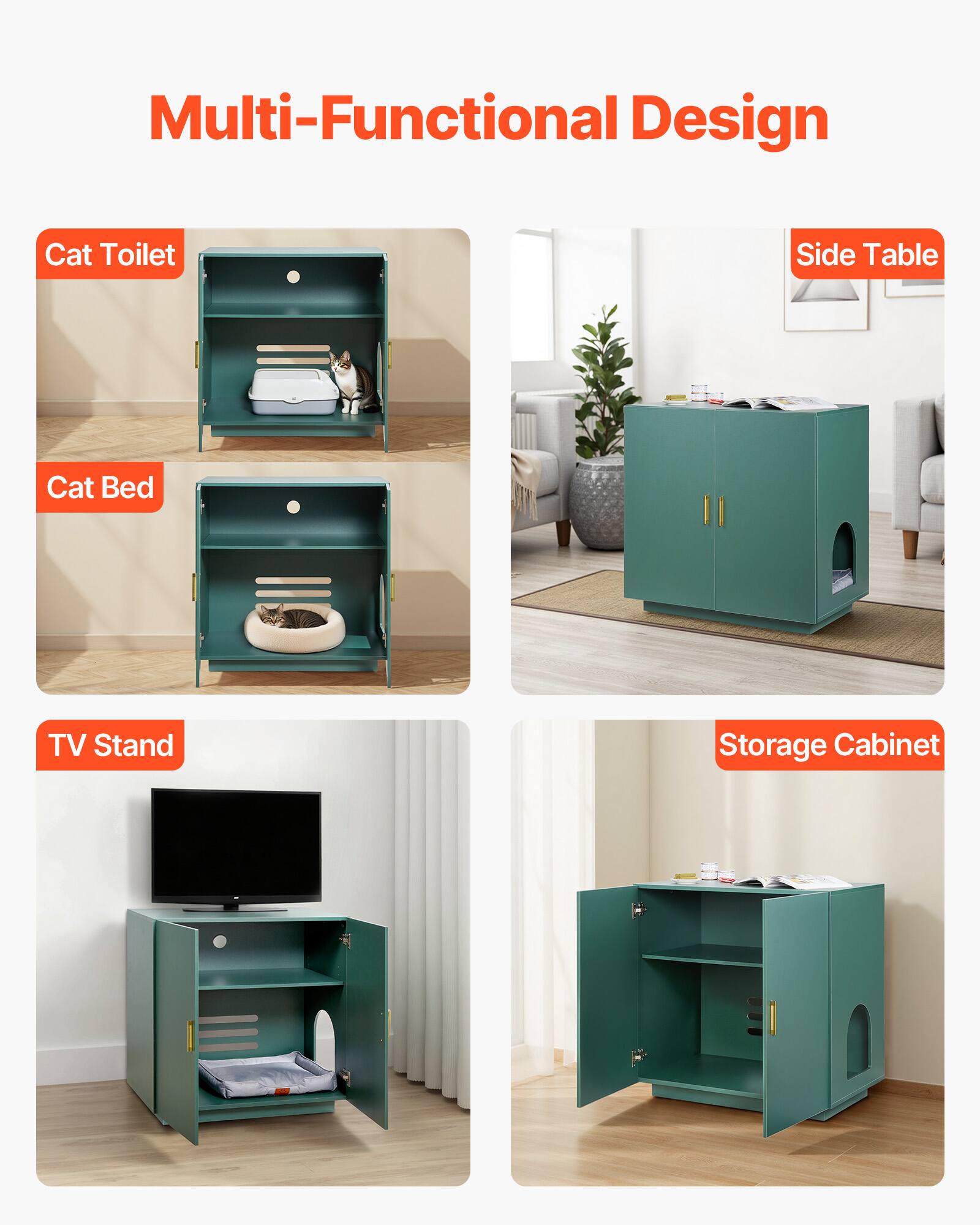 Multi-Functional Design

- Cat Toilet
- Cat Bed
- TV Stand
- Side Table
- Storage Cabinet