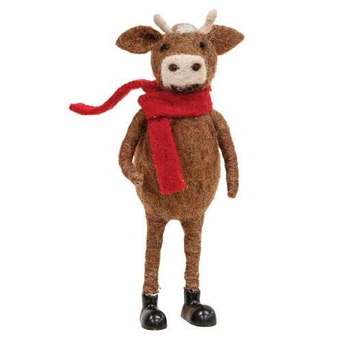 Front. BreeBe - *Cow in Red Scarf Felted Ornament - Brown, Red.