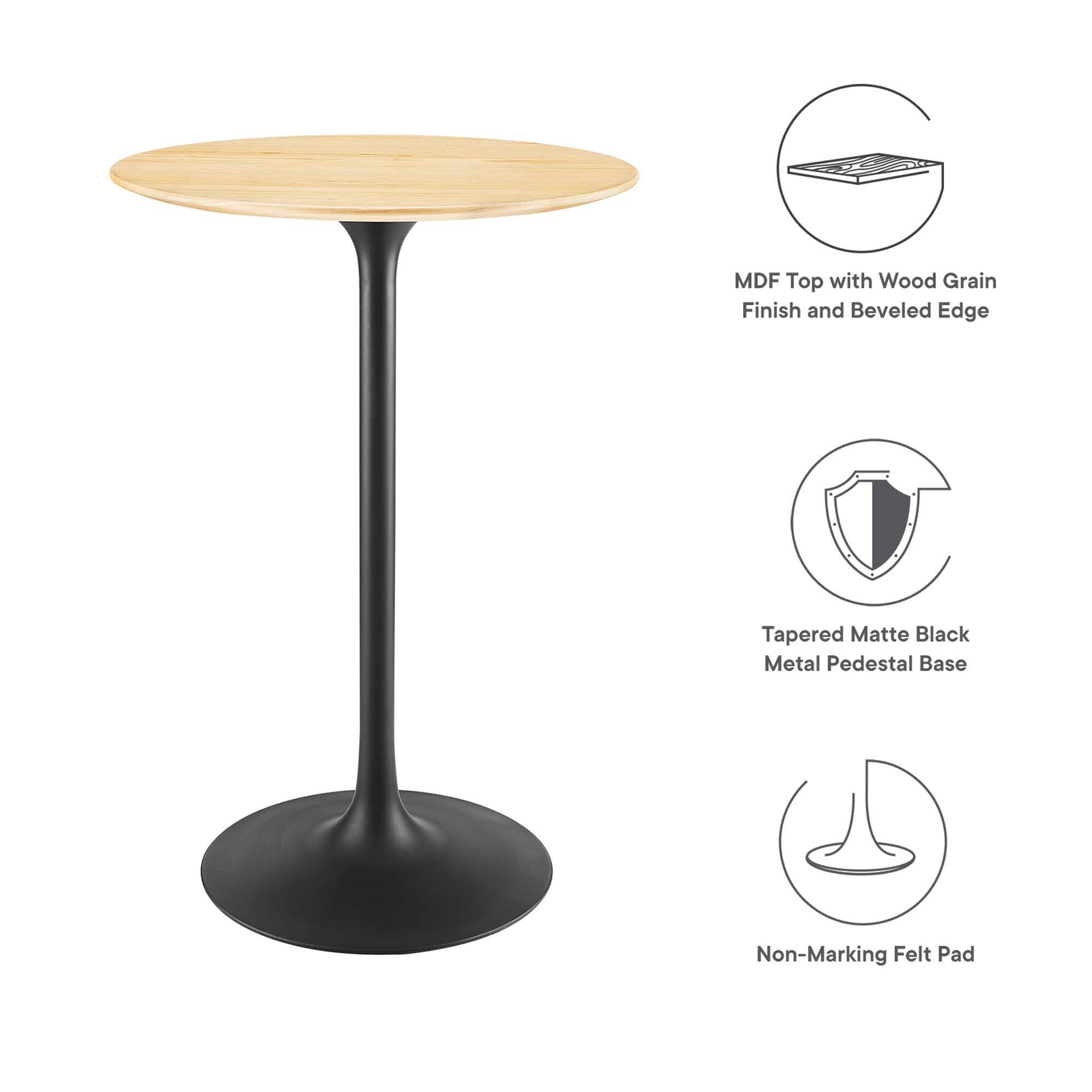 MDF Top with Wood Grain Finish and Beveled Edge  
Tapered Matte Black Metal Pedestal Base  
Non-Marking Felt Pad