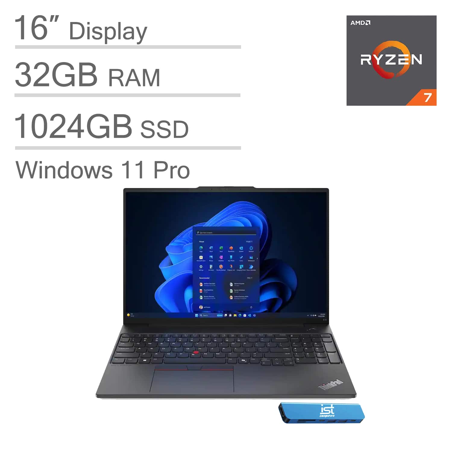 Lenovo - ThinkPad E16 Gen 2 16" FHD+ Laptop - AMD Ryzen 7 with 32GB Memory - 1TB SSD - Fingerprint - Backlit - Windows 11 Pro - Black Non-Touchscreen