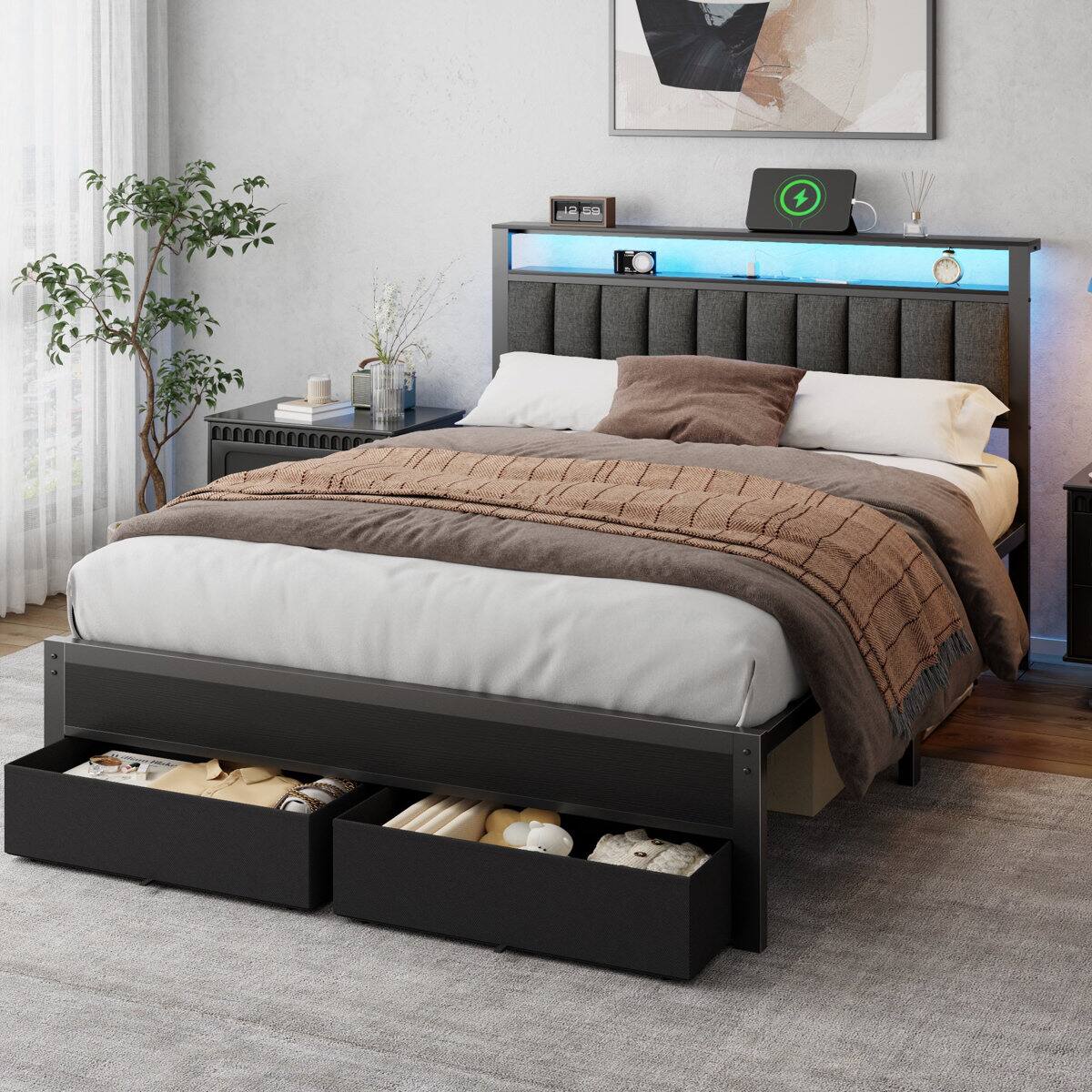 Alt View 3. Furnulem - Upholstered Bed Frame with 2 Storage Drawers Modern Platform Bed with Charging Station & LED Light - Black.