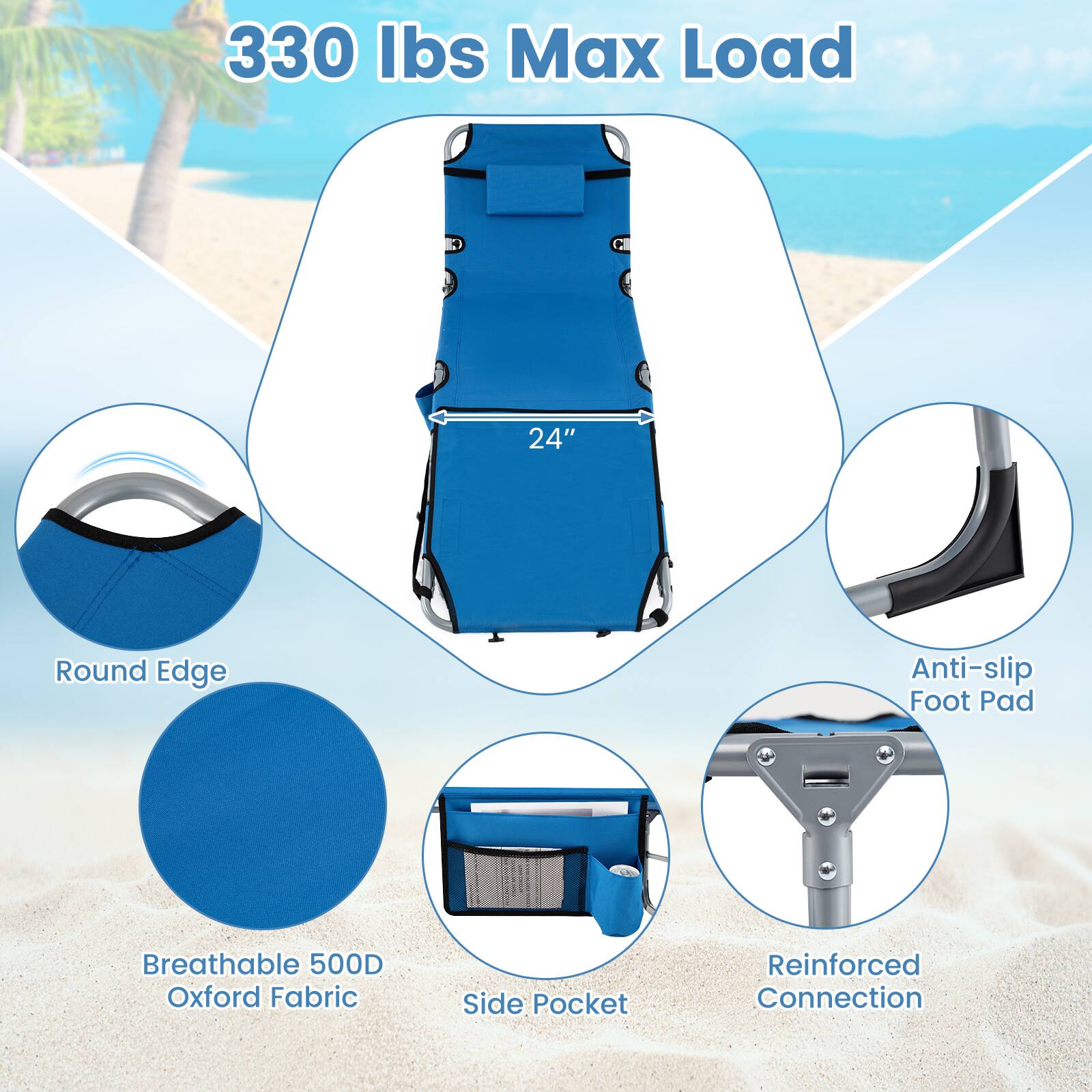 330 lbs Max Load  
24" Round Edge  
Anti-slip Foot Pad  
Breathable 500D Oxford Fabric  
Side Pocket  
Reinforced Connection