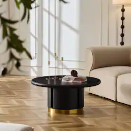 Loheer - 35.43 Inch Round Coffee Table Sintered Stone Modern MDF Pedestal Living Room Table - Black