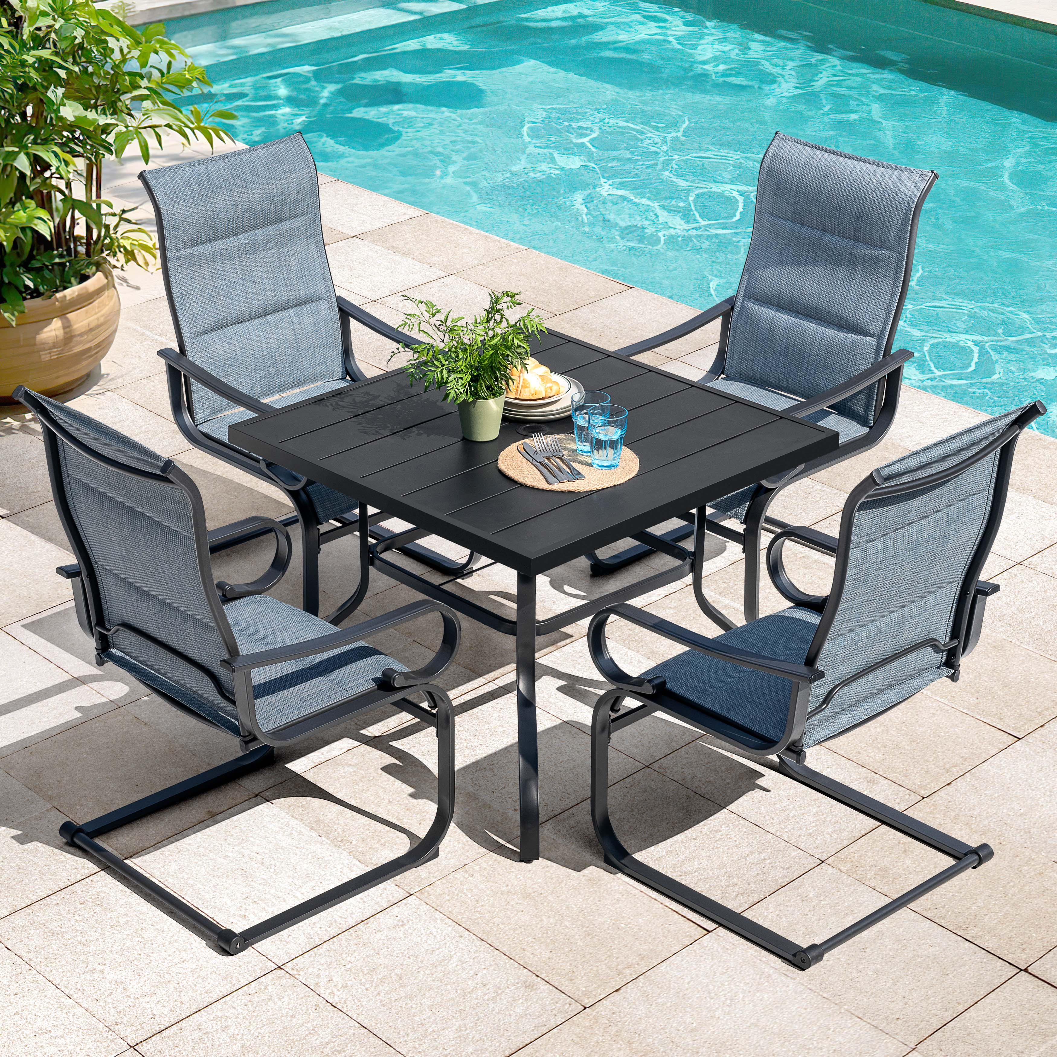 Alt View 1. Nuu Garden - 5PCS Padded Textilene Patio Dining Set with Umbrella Hole, C-Spring Motion - Black and Blue.
