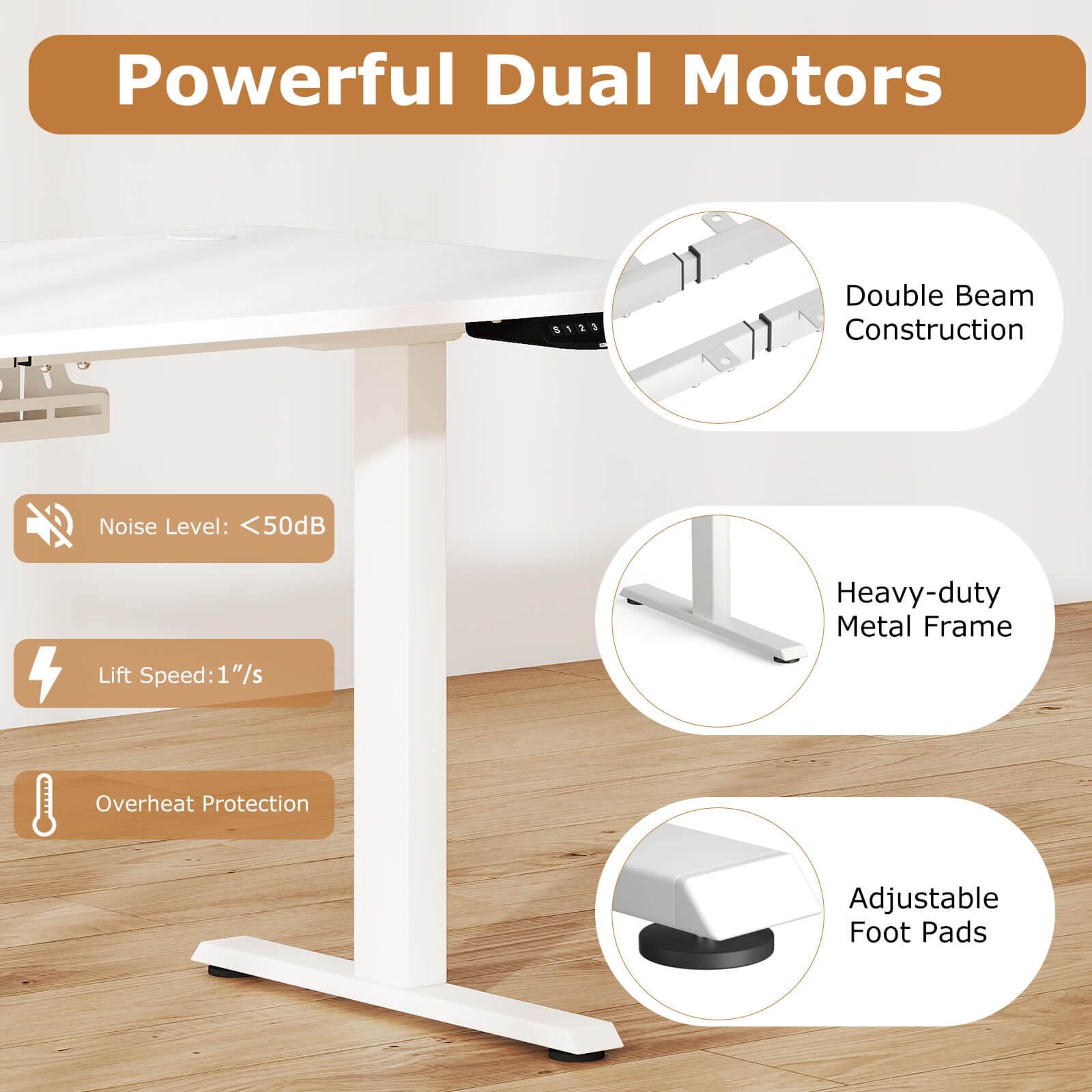 Powerful Dual Motors  
Double Beam Construction  
Noise Level: <50dB  
Heavy-duty Metal Frame  
Lift Speed: 1"/s  
Overheat Protection  
Adjustable Foot Pads