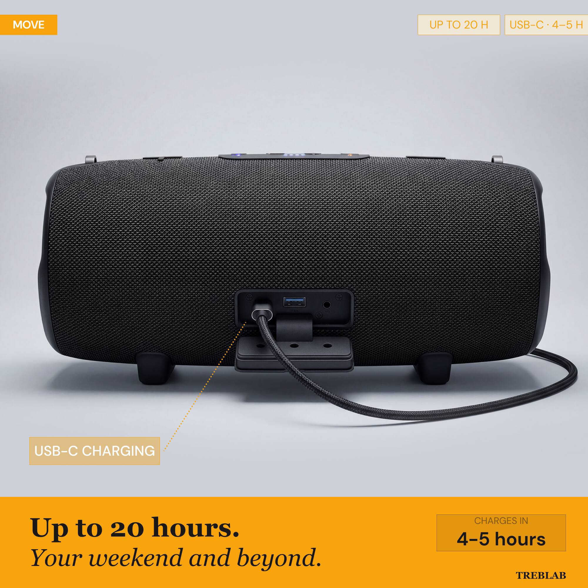 MOVE

UP TO 20 H USB-C 4-5 H

USB-C CHARGING

Up to 20 hours. Your weekend and beyond.

CHARGES IN 4-5 hours

TREBLAB