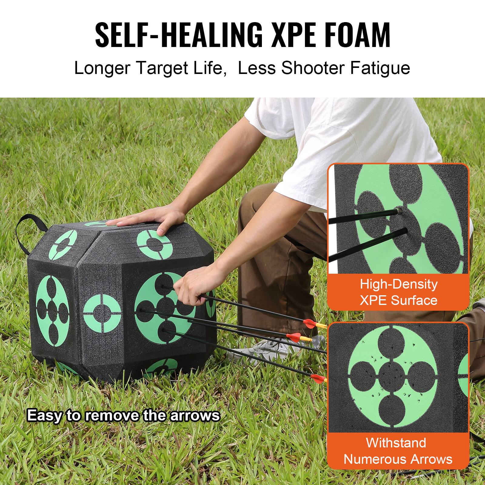 SELF-HEALING XPE FOAM  
Longer Target Life, Less Shooter Fatigue  

High-Density XPE Surface  
Withstand Numerous Arrows  
Easy to remove the arrows