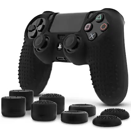 Front. Fosmon - Controller Skin and Thumb Grips for PS4 Controller, Black Skin Case + 8 Black Thumb Grips, PS4 Accessories - Black.
