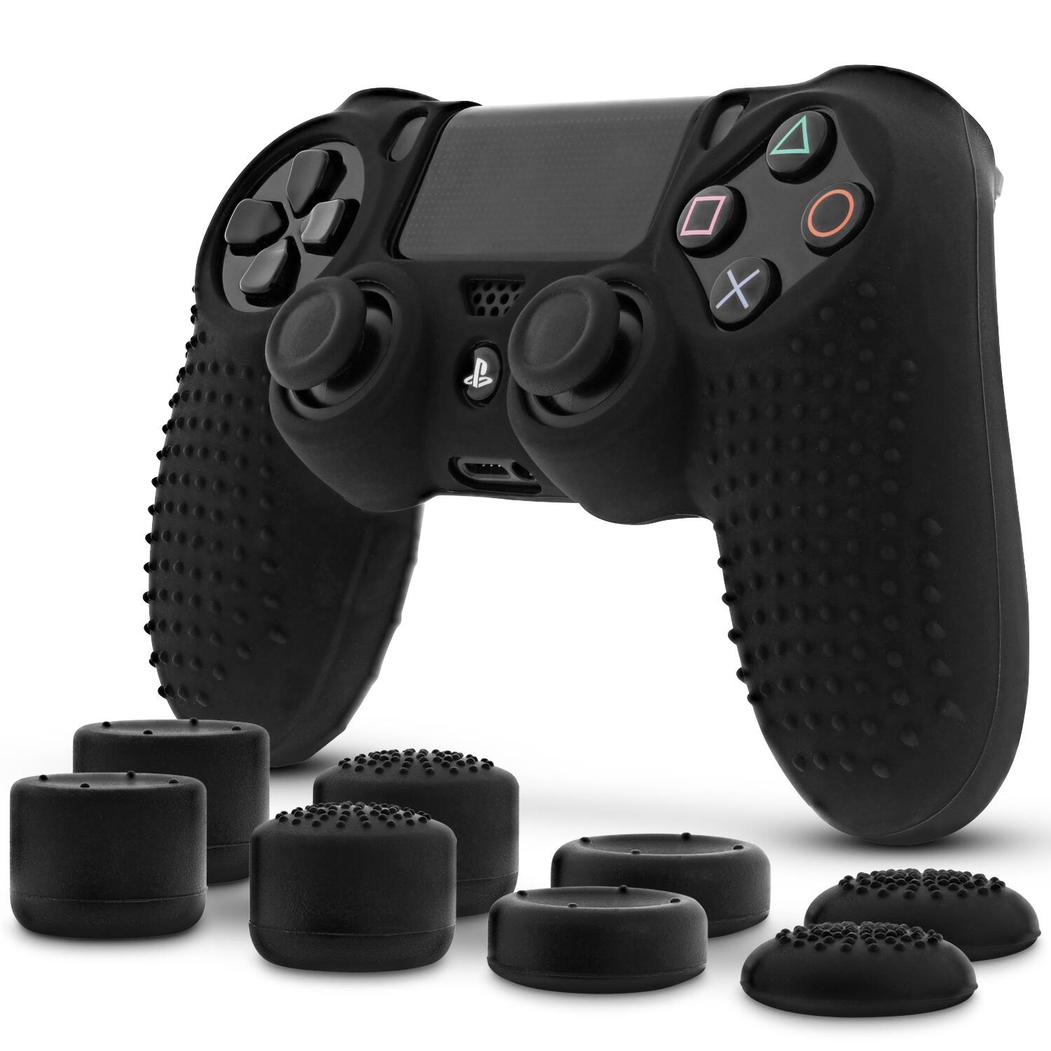 Fosmon - Controller Skin and Thumb Grips for PS4 Controller, Skin Case + 8 Thumb Grips, PS4 Accessories - Black