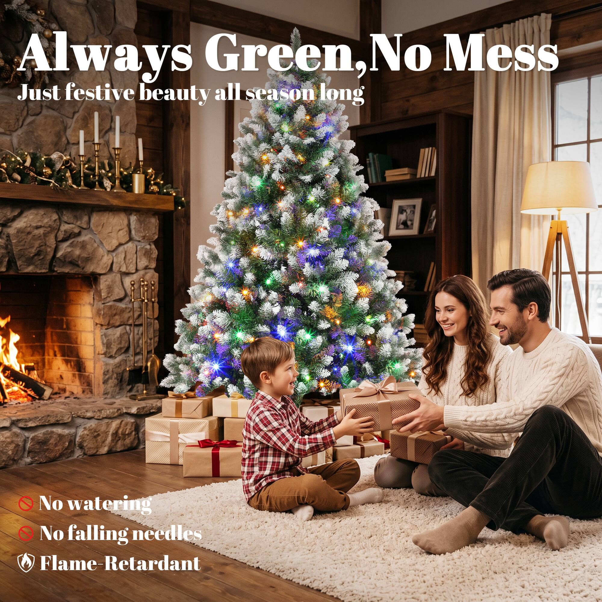Always Green, No Mess  
Just festive beauty all season long  

No watering  
No falling needles  
Flame-Retardant
