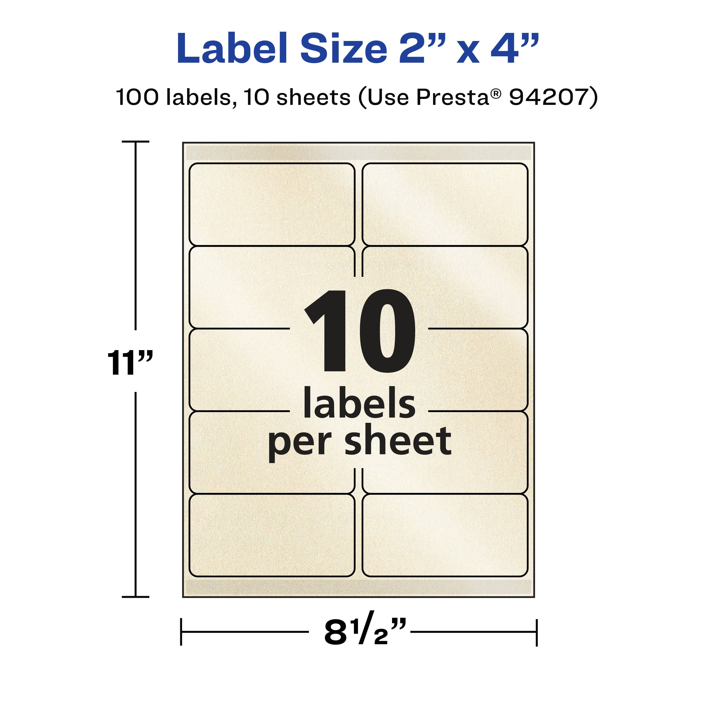 Label Size 2" x 4"  
100 labels, 10 sheets (Use Presta® 94207)  
11"  
10 labels per sheet  
8½"