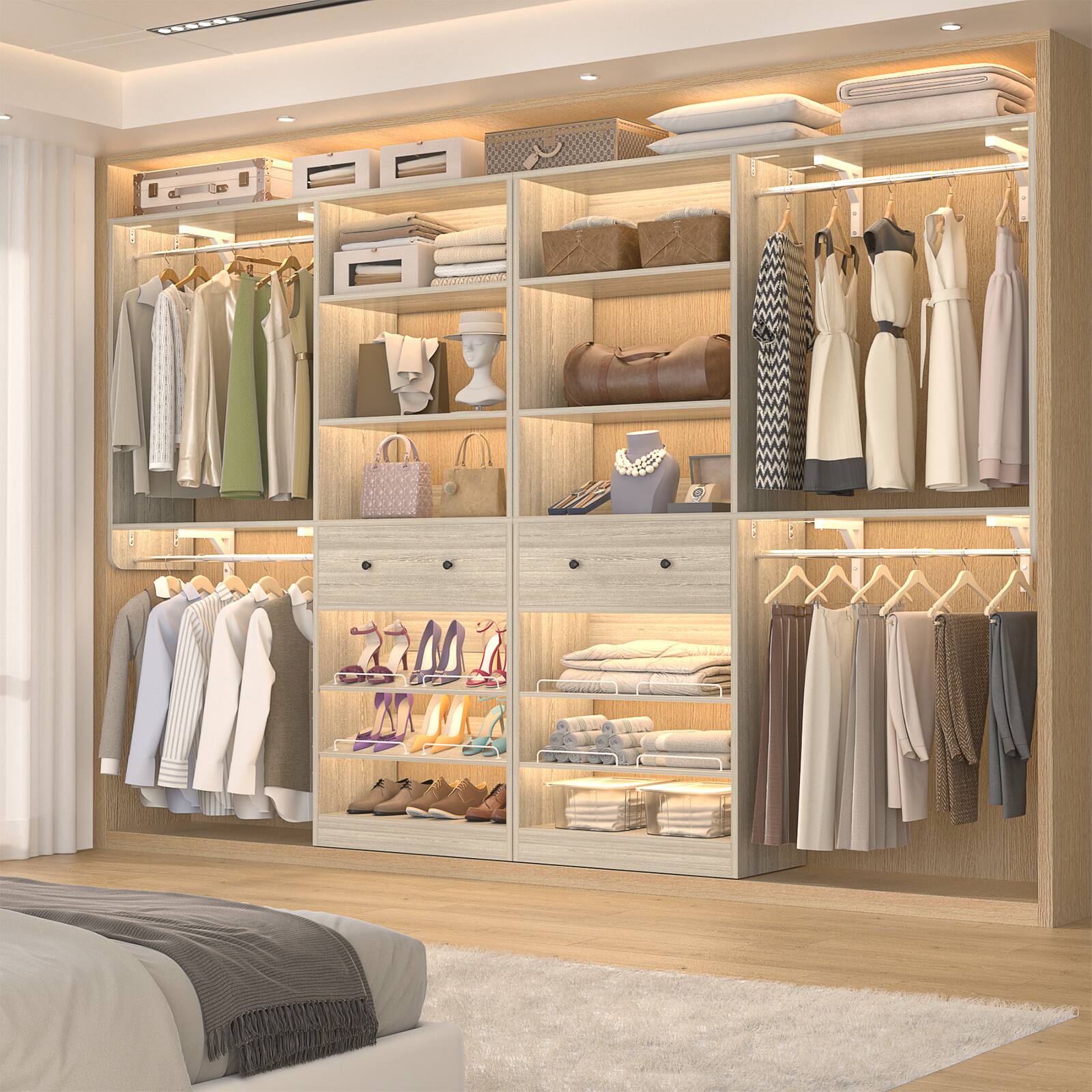 Back. Aheaplus - Reversible 5FT Wood Closet Organizer System with Drawer, 2 Hanging Rods, and Adjustable Shelf, Wall Mounted - Beige Oak.