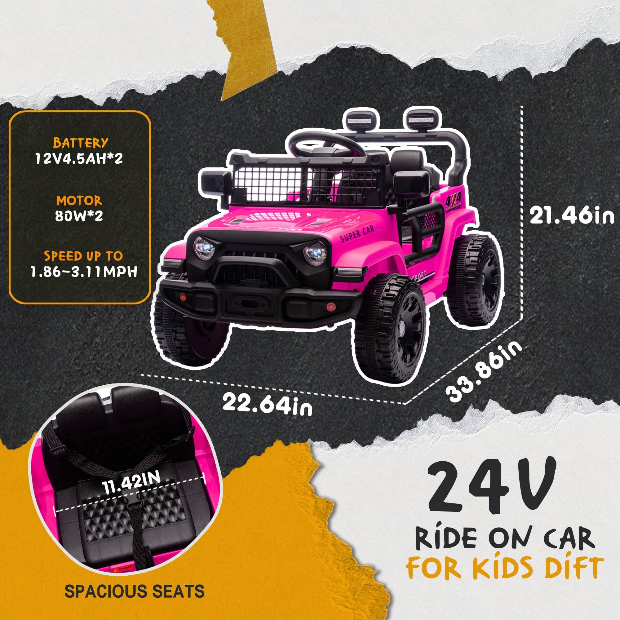 BATTERY  
12V4.5AH*2  

MOTOR  
80W*2  

SPEED UP TO  
1.86-3.11MPH  

21.46in  
22.64in  
33.86in  

SPACIOUS SEATS  
11.42IN  

24V  
RIDE ON CAR FOR KIDS DFT