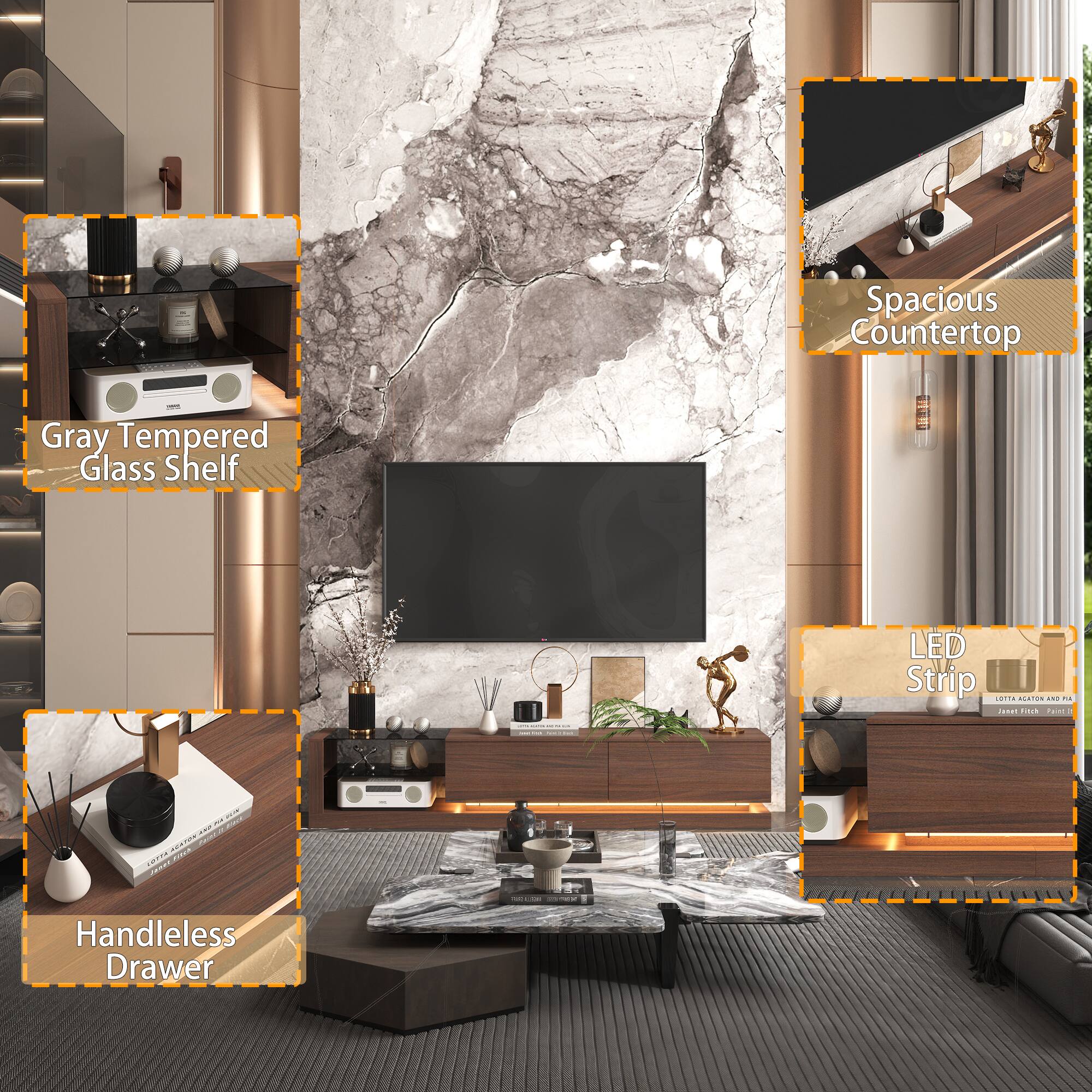 - Gray Tempered Glass Shelf
- Spacious Countertop
- Handleless Drawer
- LED Strip