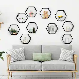 Oumilen - 10-Pack Hexagonal Floating Shelves, Metal Frame with Rustic Wood Base - Black