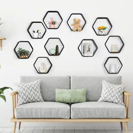 Front. Oumilen - 10-Pack Hexagonal Floating Shelves, Black Metal Frame with Rustic Wood Base - Black.