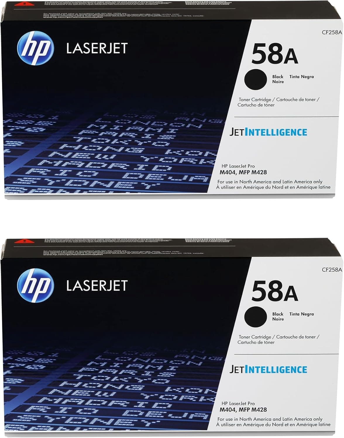hp LASERJET CF258A 58A Black Tinta Negra Noire Toner Cartridge / Cartouche de toner Cartucho de tóner JETINTELLIGENCE HP LaserJet Pro M404, MFP M428 For use in North America and Latin America only  utiliser en Amérique du Nord et en Amérique latine