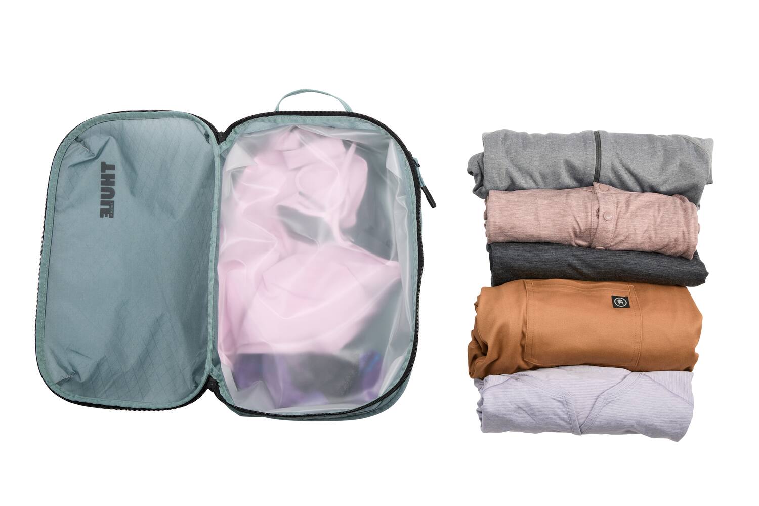 Angle. Thule - Compression Packing Cube – Durable Lightweight Travel Organizer for Efficient Packing - Pond Gray.