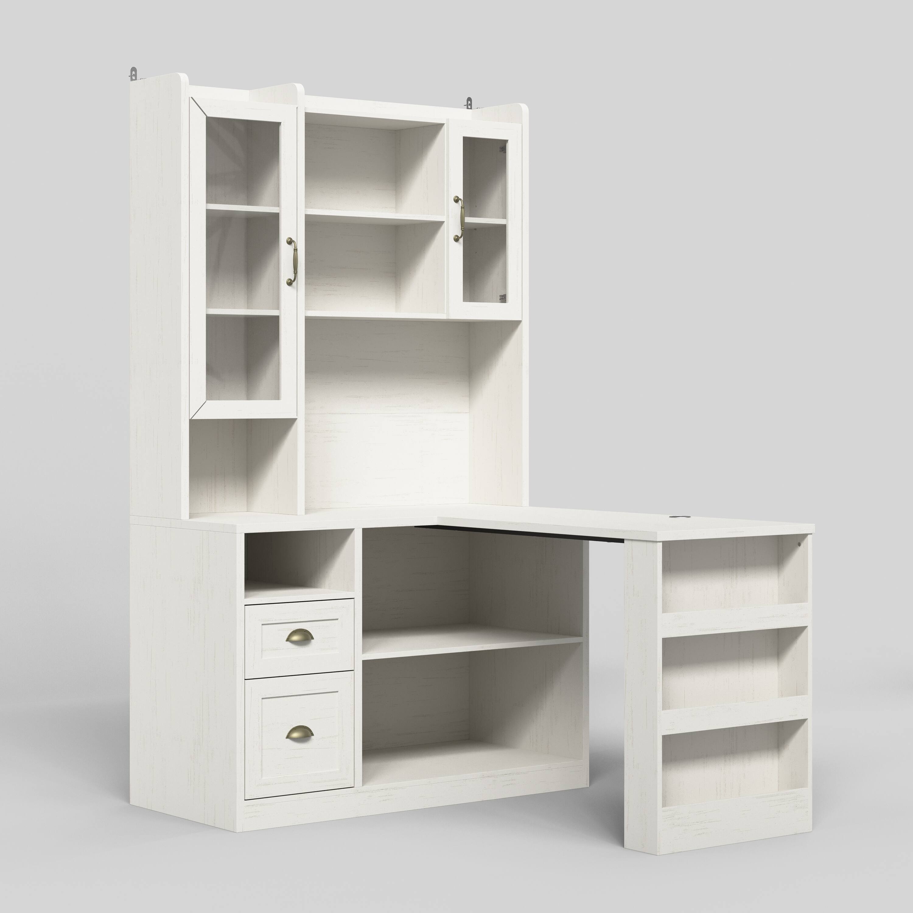 Angle. Famapy - Study Desk with Tall Storage Cabinet – White Vintage Student Writing Table with Drawers & Bookshelf for Bedroom, Dorm - White.