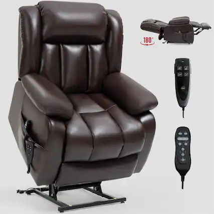 Front. LUCKY ONE - Faux Leather Dual Motor Power Lift Recliner Chair with Massage and Heat, Infinite Position, Power-Remote - Antique Brown.