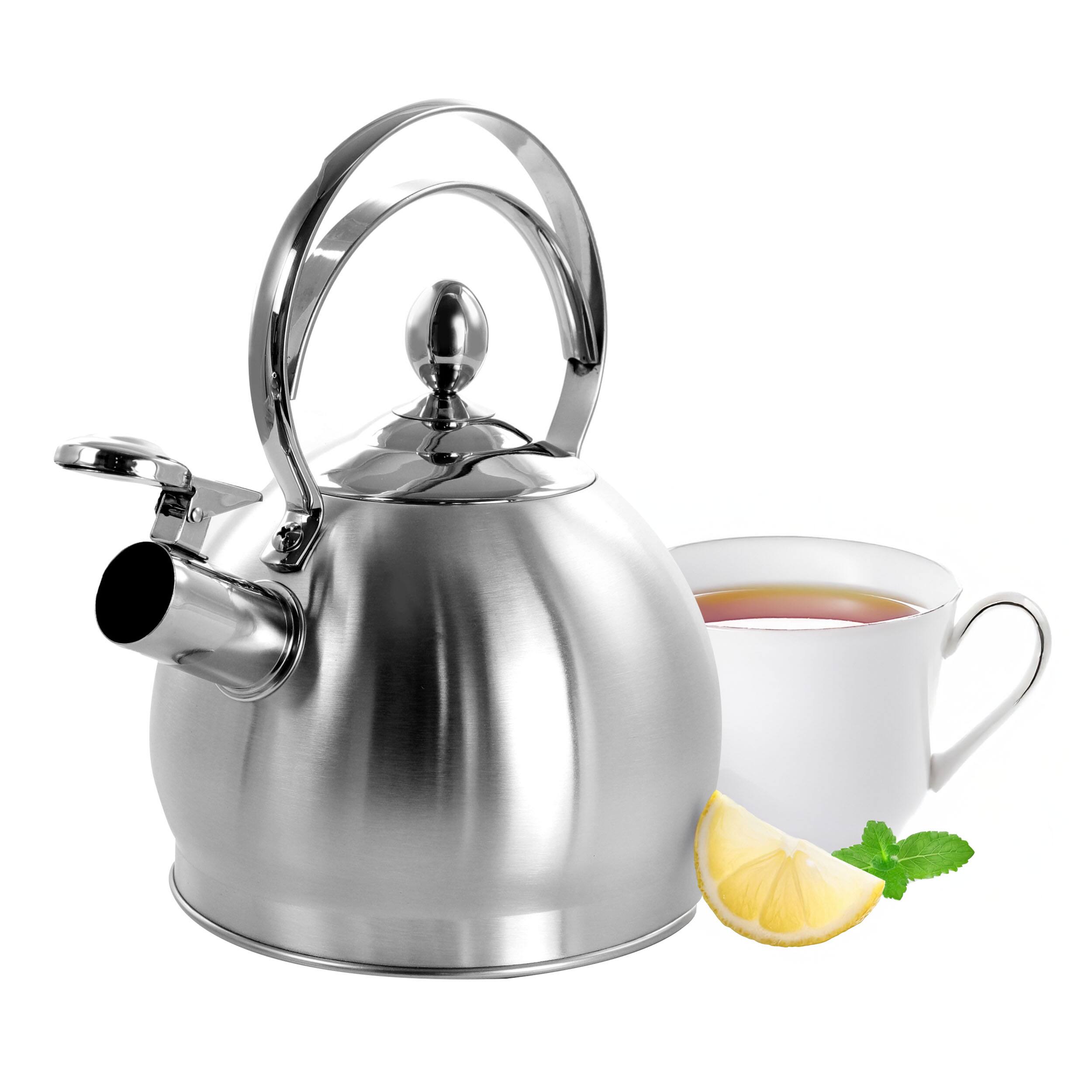 Front. MegaChef - MegaChef 3 Quart Round Stovetop Whistling Kettle in Brushed Silver - Silver.
