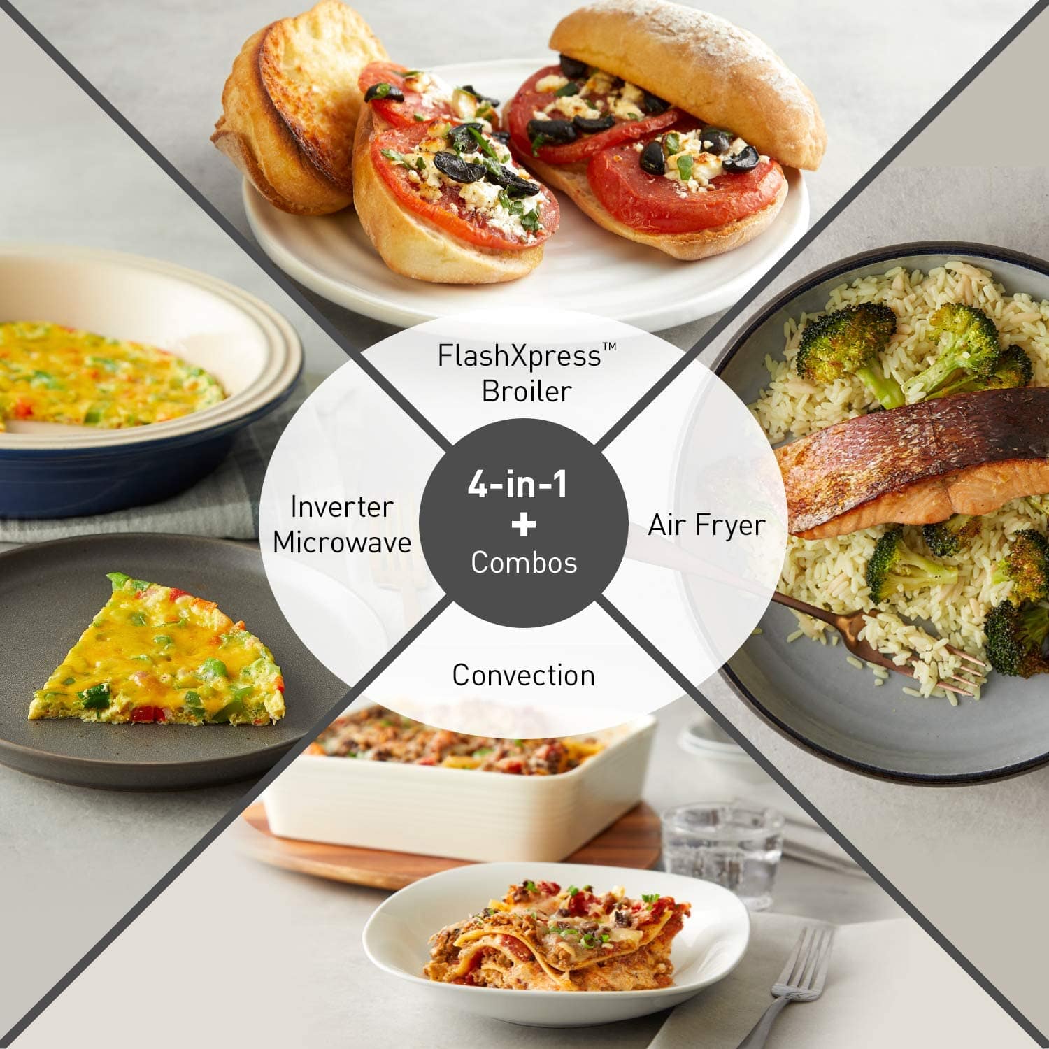 The image features a variety of foods displayed on plates, including a sandwich, a bowl of soup, a broiler, and a microwave. The text on the image suggests that these dishes are prepared using a FlashXpress Broiler, which is a 4-in-1 appliance that combines an inverter, microwave, and air fryer. The dishes are presented on a dining table, and there is a fork placed nearby.