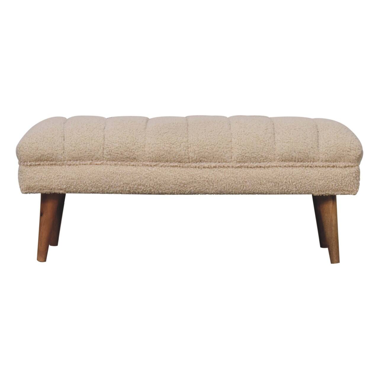 Artisan Furniture - Solid Wood Cream Boucle Puffer Bench, Upholstered - Brown & Cream
