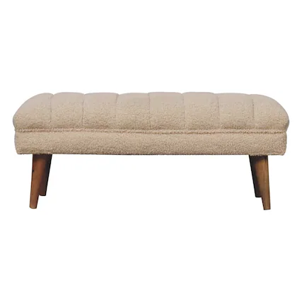 Front. Artisan Furniture - Artisan Furniture Solid Wood Cream Boucle Puffer Bench, Upholstered, Brown & Cream - Brown & Cream.