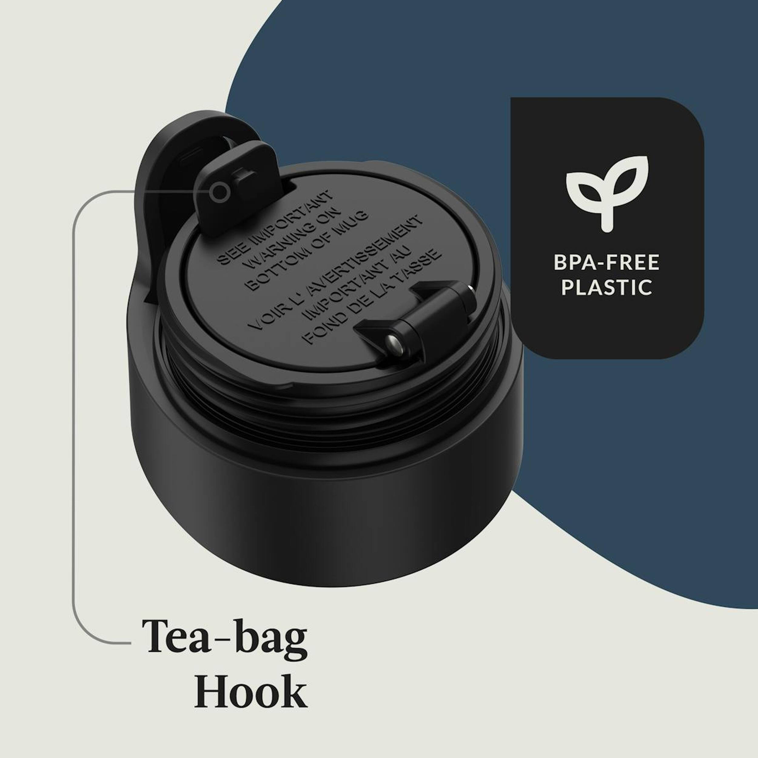 Sure, here is the corrected and grouped text from the image:

---

**Tea-bag Hook**

**BPA-FREE PLASTIC**

**IMPORTANT**  
**SEE IMPORTANT WARNING ON BOTTOM OF MUG**  
**VOIR L'AVERTISSEMENT IMPORTANT AU FOND DE LA TASSE**

---