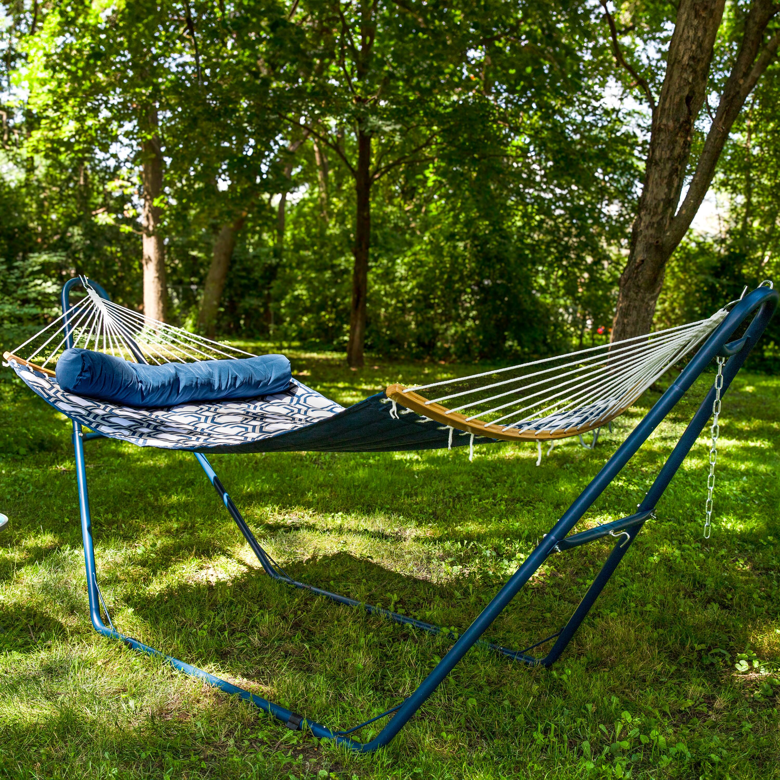 Alt View 3. Sunnydaze - Quilted Hammock with Curved Spreader Bar - Navy & Gray.