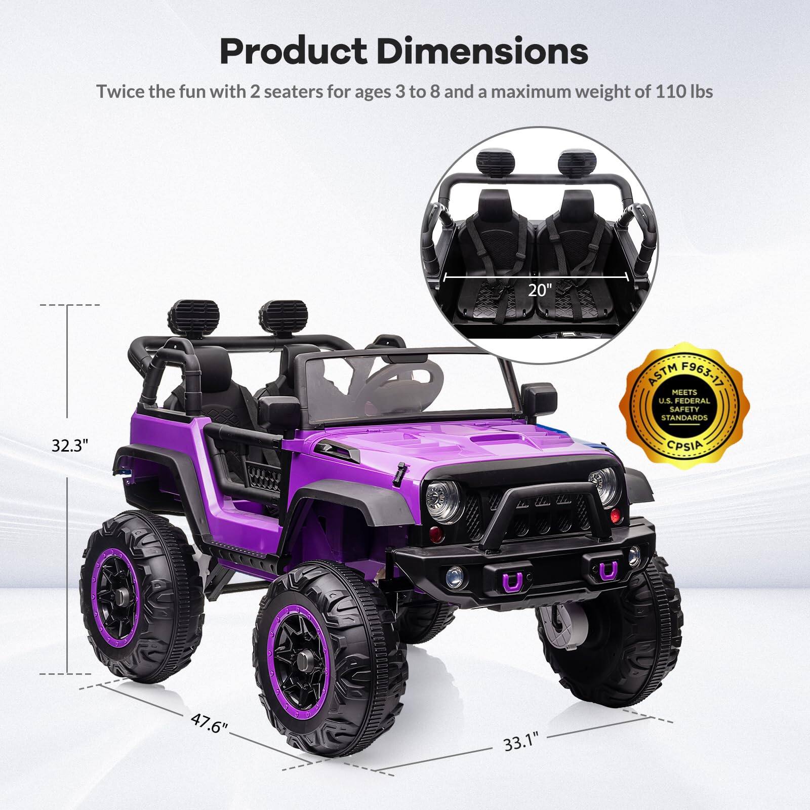 Product Dimensions

Twice the fun with 2 seaters for ages 3 to 8 and a maximum weight of 110 lbs

- 32.3" (height)
- 47.6" (width)
- 33.1" (length)
- 20" (seat width)

ASTM F963-17 MEETS U.S. FEDERAL SAFETY STANDARDS CPSIA