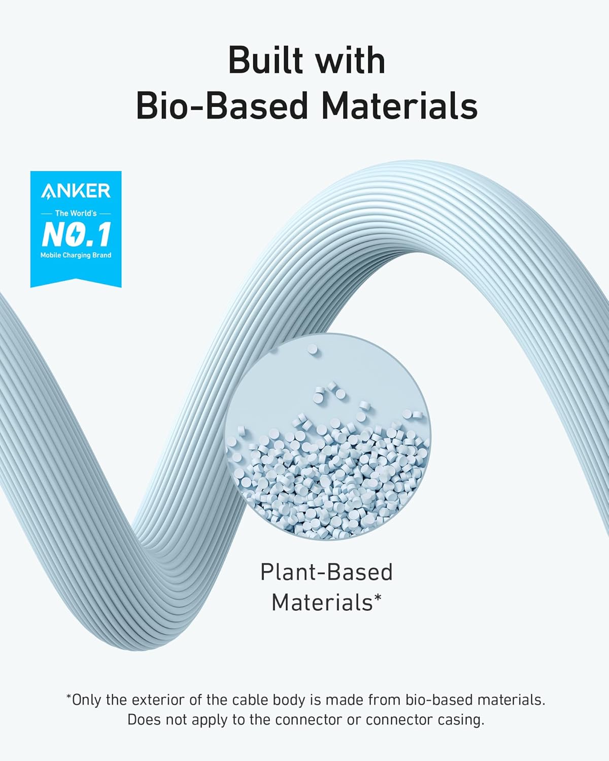 Built with Bio-Based Materials

ANKER  
The World's NO.1 Mobile Charging Brand

Plant-Based Materials*

*Only the exterior of the cable body is made from bio-based materials. Does not apply to the connector or connector casing.