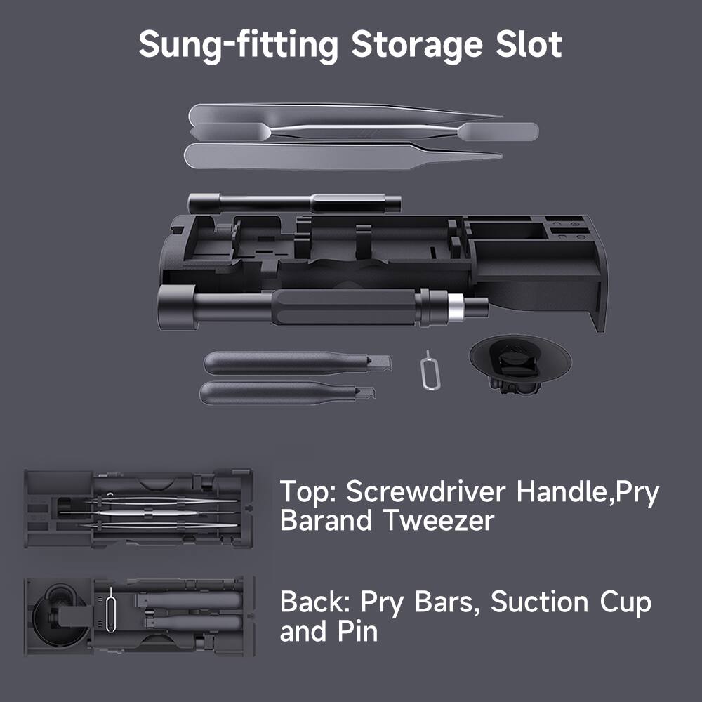 Sung-fitting Storage Slot

Top: Screwdriver Handle, Pry Bar, and Tweezer

Back: Pry Bars, Suction Cup, and Pin