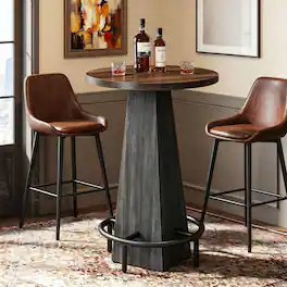 Tribesigns - Round Bar Table, 37.4" High Pub Table with Metal Footrest - Brown and Black