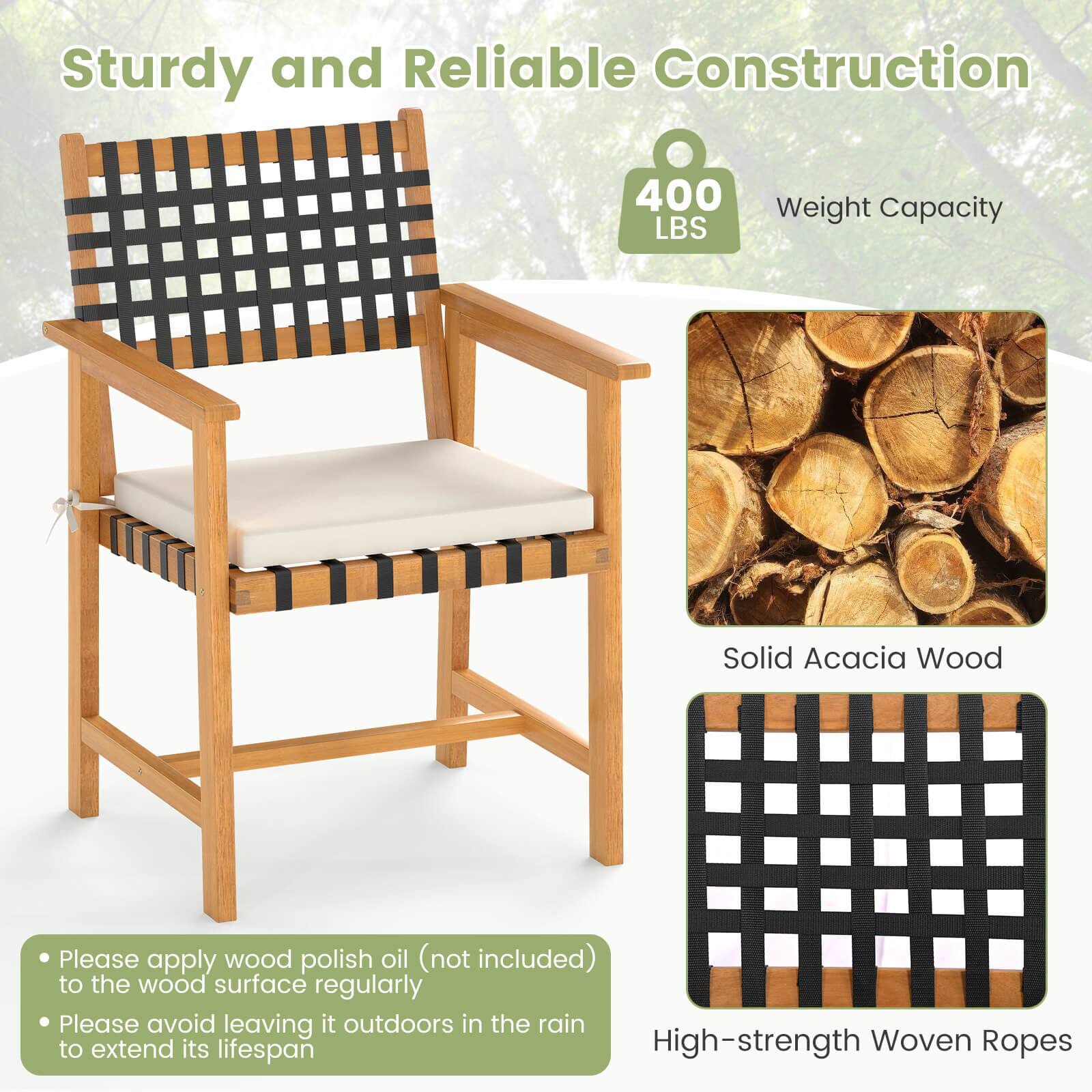 Sturdy and Reliable Construction

400 LBS Weight Capacity

Solid Acacia Wood

High-strength Woven Ropes

Please apply wood polish oil (not included) to the wood surface regularly

Please avoid leaving it outdoors in the rain to extend its lifespan