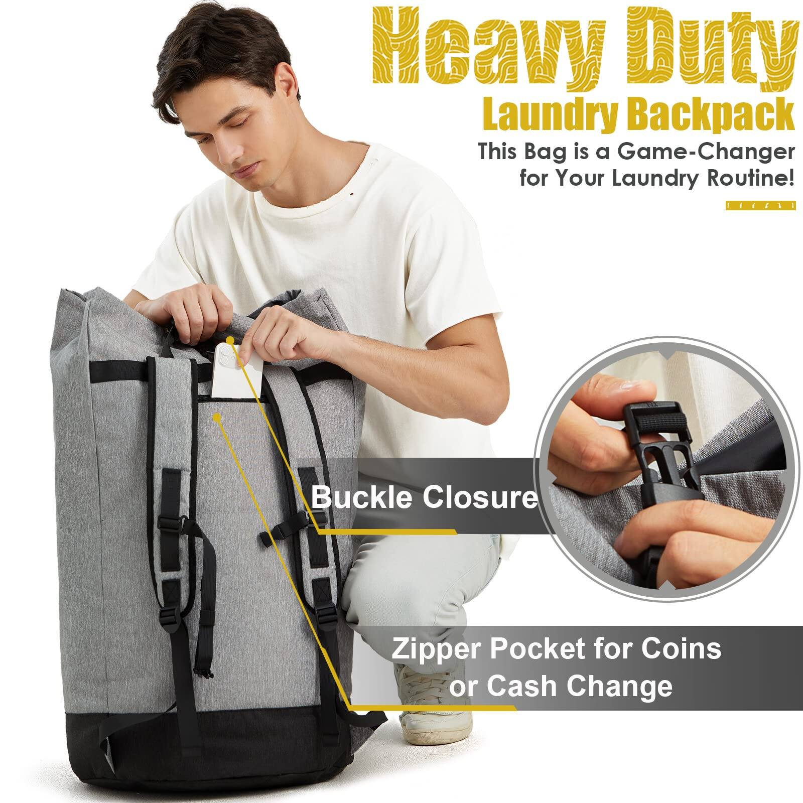 Heavy Duty Laundry Backpack  
This Bag is a Game-Changer for Your Laundry Routine!  

Buckle Closure  
Zipper Pocket for Coins or Cash Change
