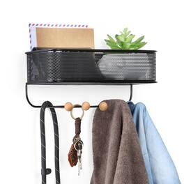 Oumilen - Mesh Wall Storage Basket with Wooden Hooks, Black