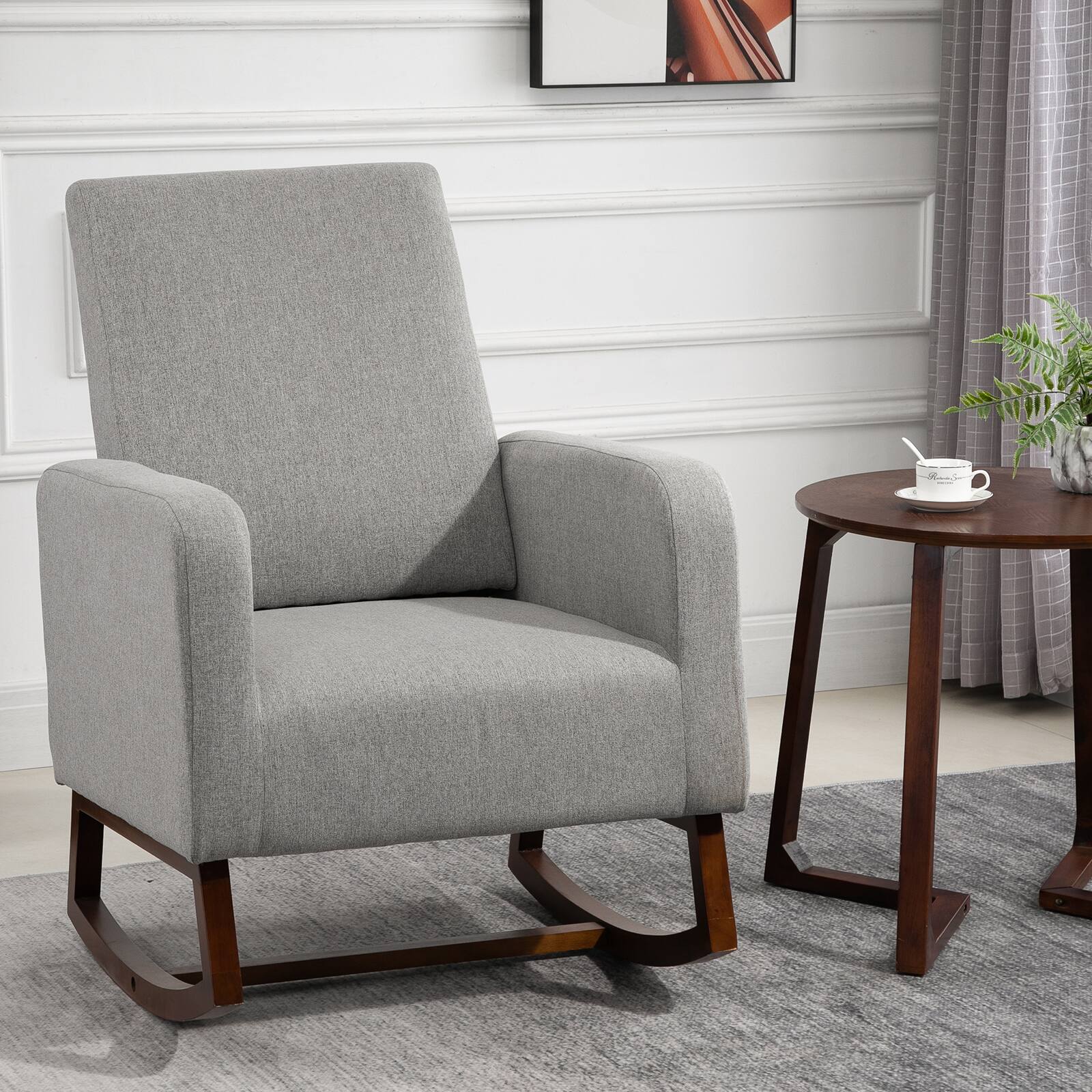 Angle. Homcom - Accent Lounge Rocking Chair with Solid Curved Wood Base and Linen Padded Seat, Grey - Grey.