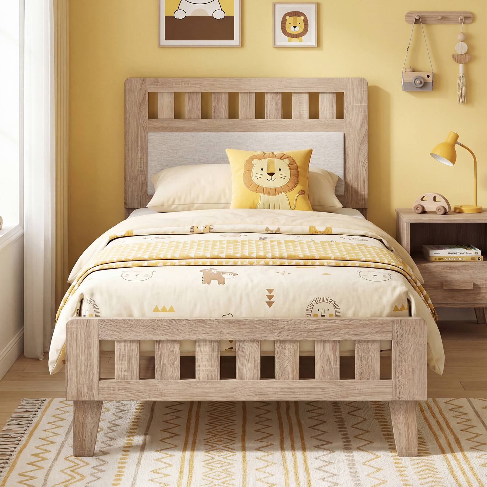 Alt View 4. Gymax - Gymax Twin Wood Bed Frame w/Upholstered Headboard No Box Spring Needed Rustic Oak & Beige - Yellow.