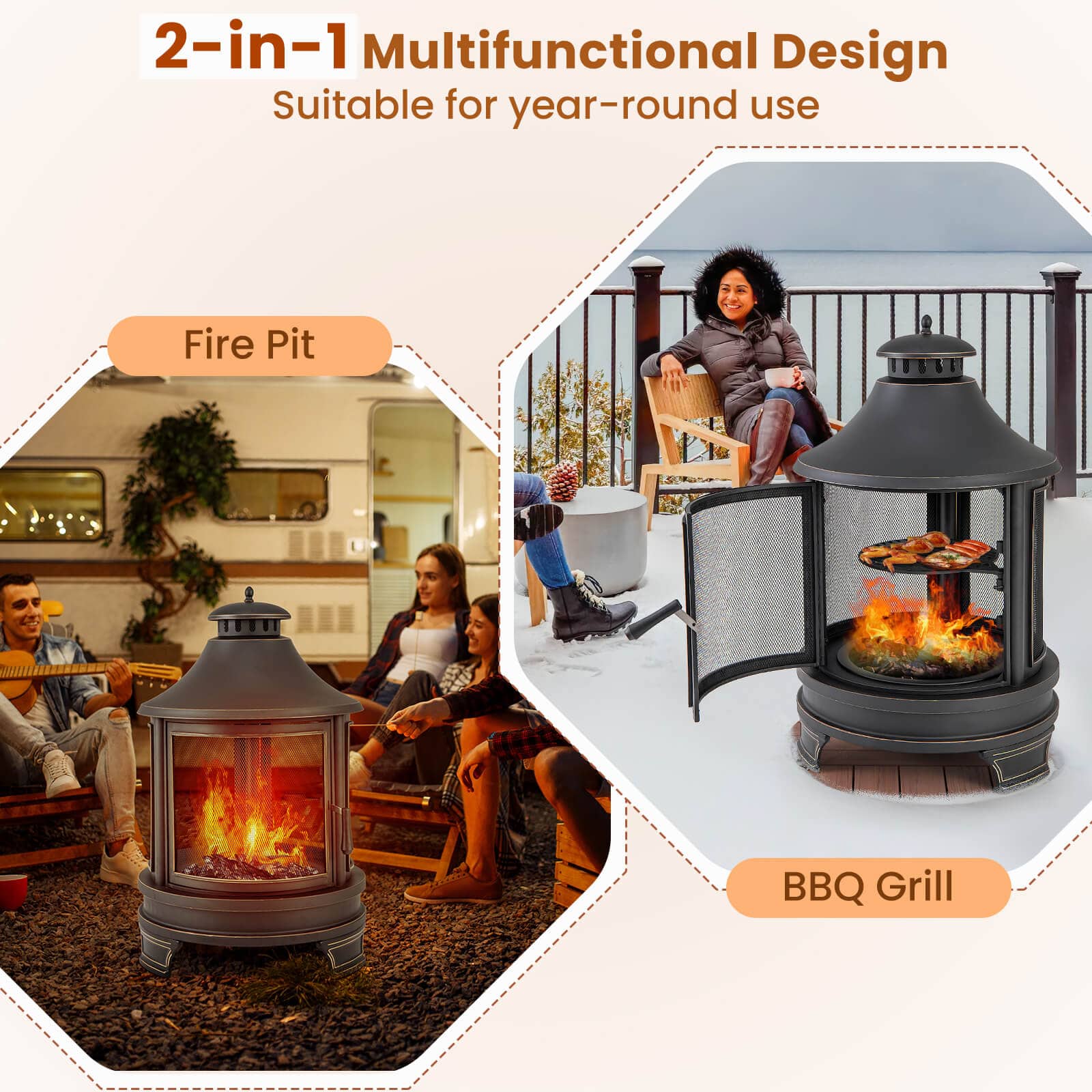 2-in-1 Multifunctional Design Suitable for year-round use Fire Pit BBQ Grill