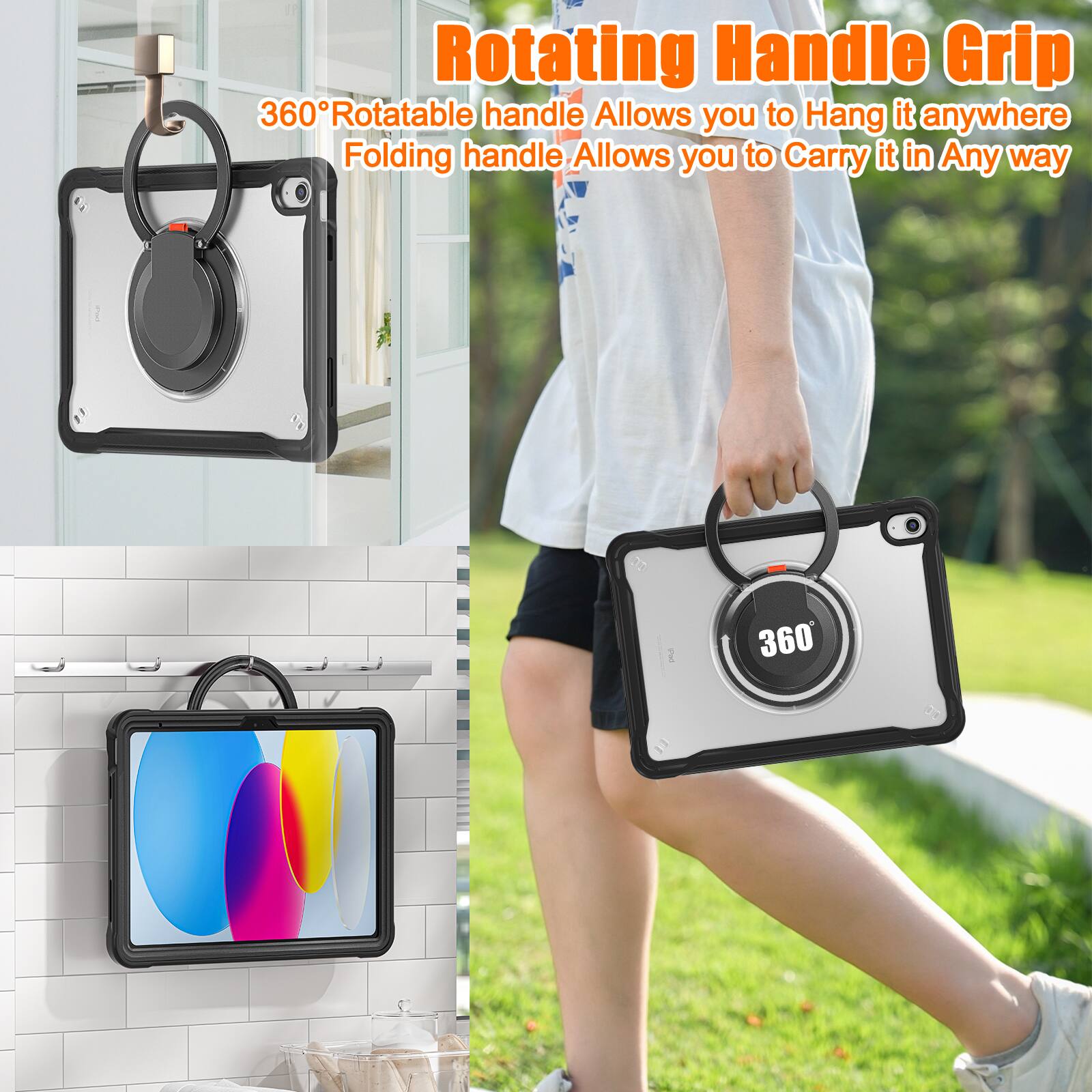 Rotating Handle Grip  
360° Rotatable handle Allows you to Hang it anywhere  
Folding handle Allows you to Carry it in Any way