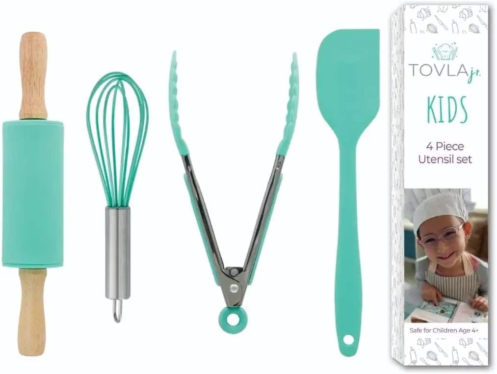 Tovla Jr - Kids Cooking Baking Utensils Set - 4-Piece Kitchen Tools - Silicone Cookware Kit with Spatula, Whisk, Tong & Rolling Pin - Teal