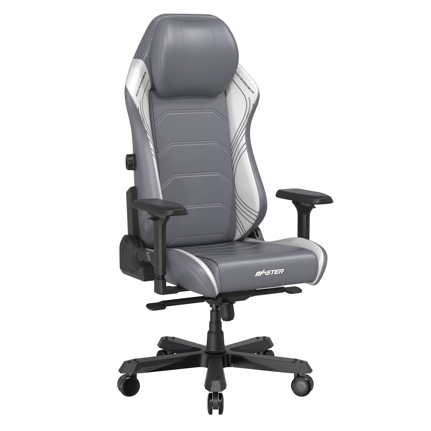 Angle. DXRacer - DXRacer Master Series Gaming Chair – Gray and White Lines, Premium PU Leather with Built-In Lumbar Support & 4D Armrests - Gray and White.