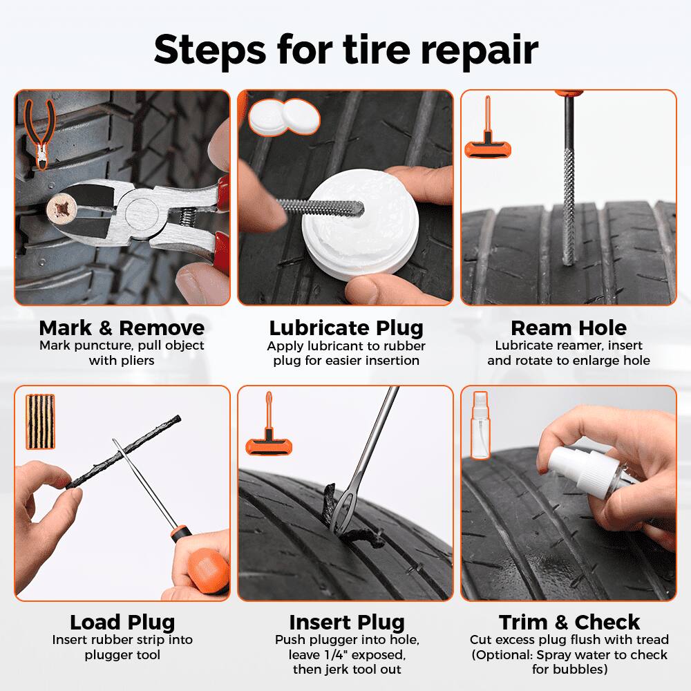 Steps for tire repair

1. Mark & Remove
   - Mark puncture, pull object with pliers

2. Lubricate Plug
   - Apply lubricant to rubber plug for easier insertion

3. Ream Hole
   - Lubricate reamer, insert and rotate to enlarge hole

4. Load Plug
   - Insert rubber strip into plugger tool

5. Insert Plug
   - Push plugger into hole, leave 1/4" exposed, then jerk tool out

6. Trim & Check
   - Cut excess plug flush with tread (Optional: Spray water to check for bubbles)