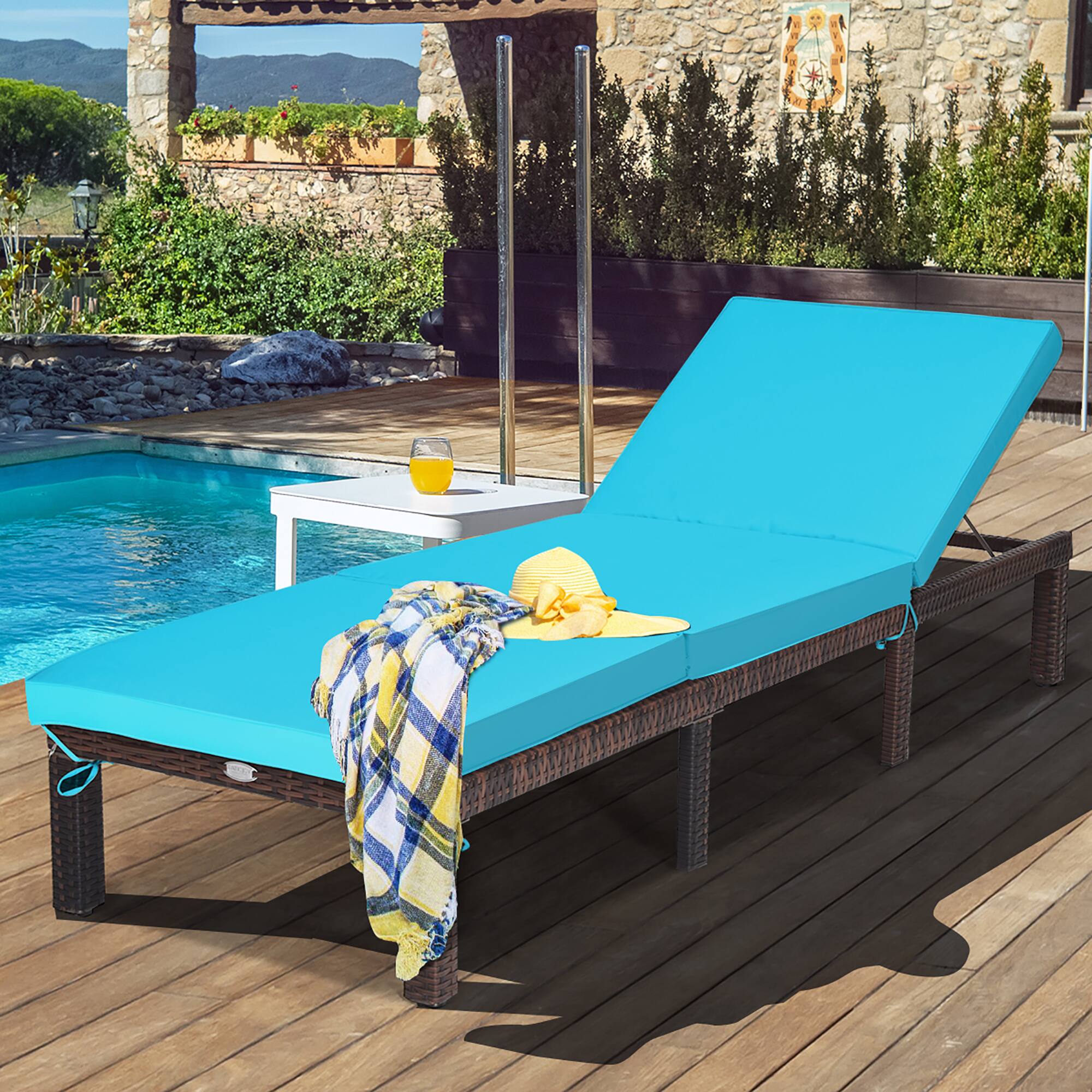 Alt View 1. Costway - Outdoor Rattan Lounge Chair Chaise Recliner Adjustable Cushioned Patio - Turquoise.